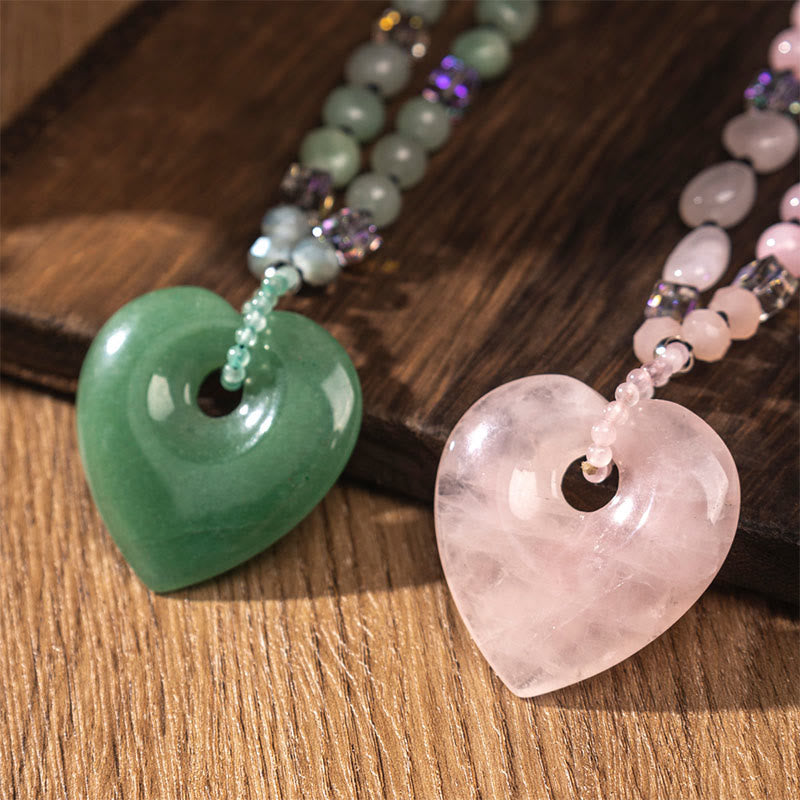 Buddha Stones Rose Quartz Green Aventurine Love Heart Beads Luck Necklace Pendant