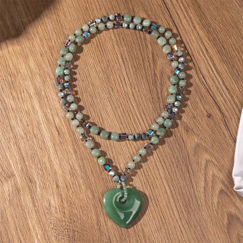 Buddha Stones Rose Quartz Green Aventurine Love Heart Beads Luck Necklace Pendant