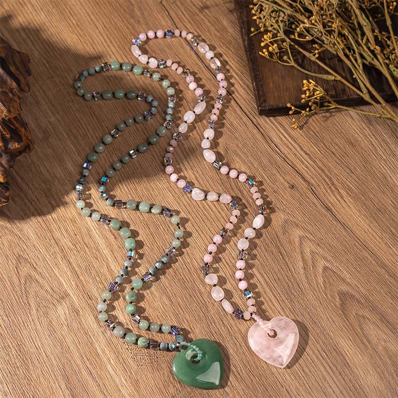 Buddha Stones Rose Quartz Green Aventurine Love Heart Beads Luck Necklace Pendant