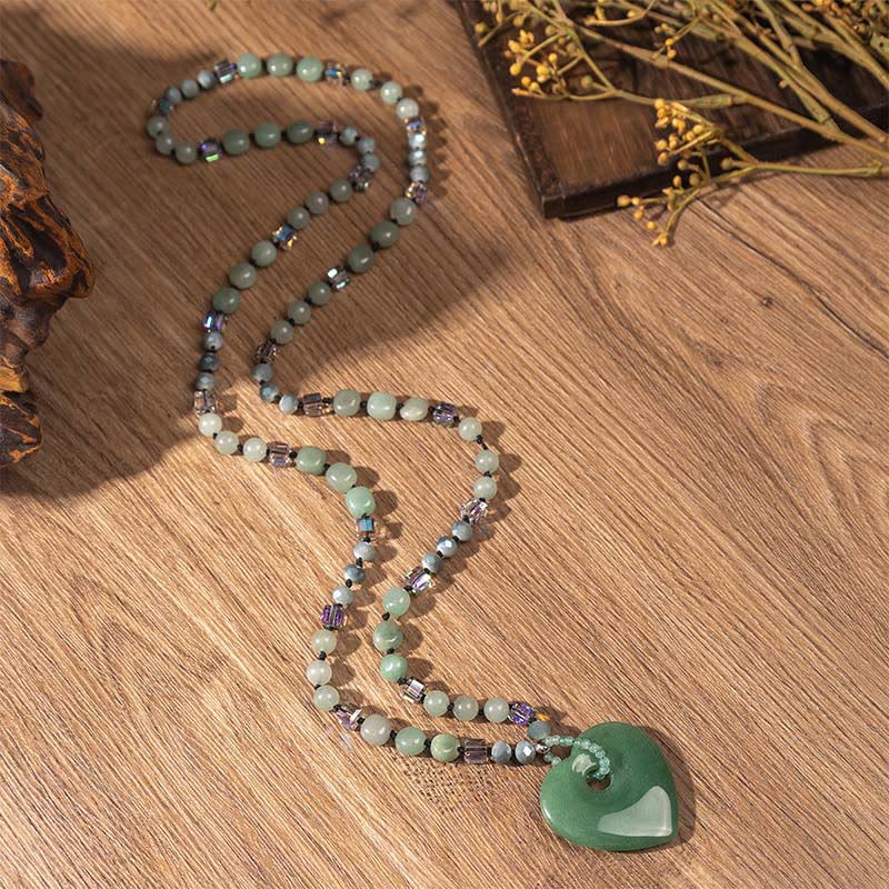 Buddha Stones Rose Quartz Green Aventurine Love Heart Beads Luck Necklace Pendant