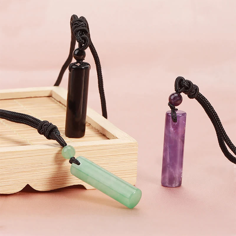 Buddha Stones Various Crystal Rose Quartz Green Aventurine Amethyst Cylinder Healing Necklace Pendant