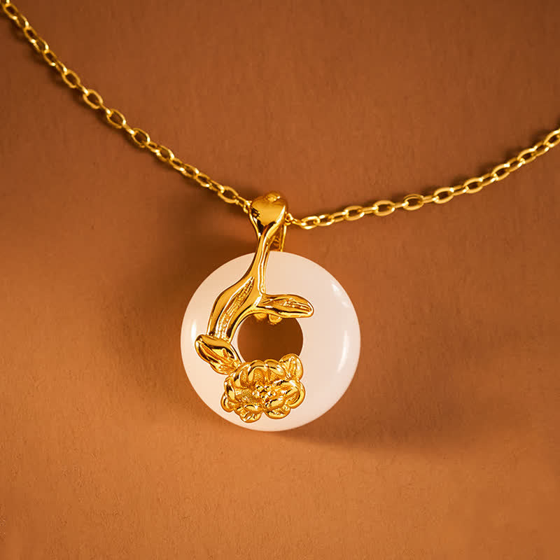EverestArtstudios 925 Sterling Silver Peony Peace Buckle Hetian White Jade Blessing Necklace Pendant