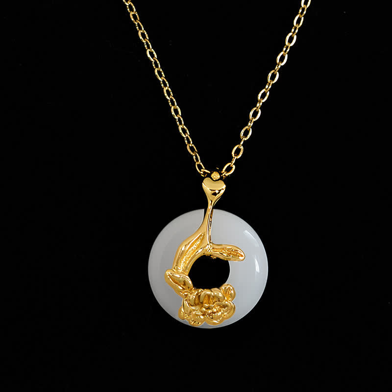 EverestArtstudios 925 Sterling Silver Peony Peace Buckle Hetian White Jade Blessing Necklace Pendant