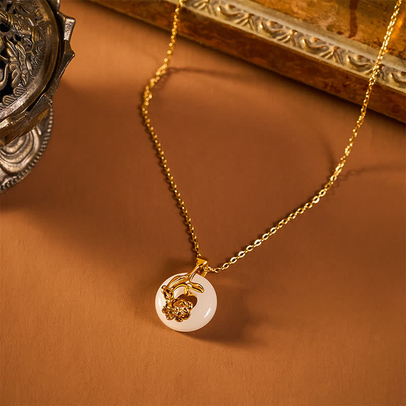 EverestArtstudios 925 Sterling Silver Peony Peace Buckle Hetian White Jade Blessing Necklace Pendant