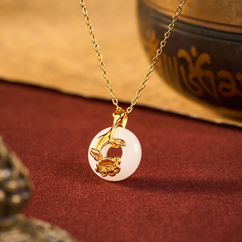 EverestArtstudios 925 Sterling Silver Peony Peace Buckle Hetian White Jade Blessing Necklace Pendant