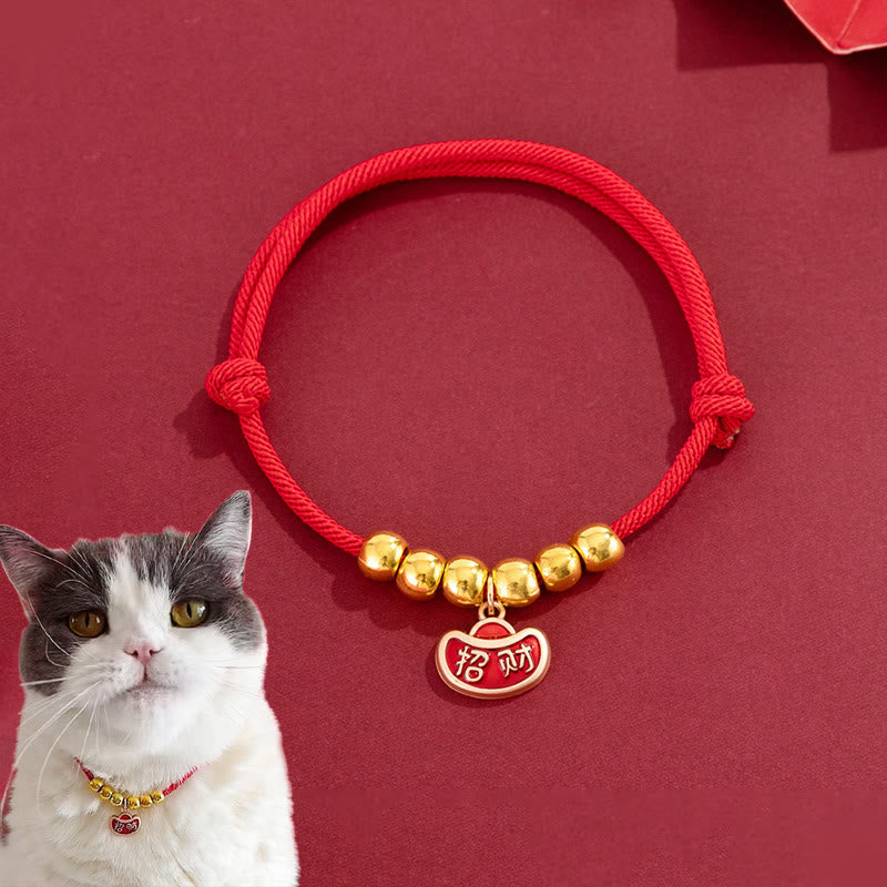 Buddha Stones Red String Bead Yuanbao Fu Character Protection Adjustable Cats Dogs Pet Collar