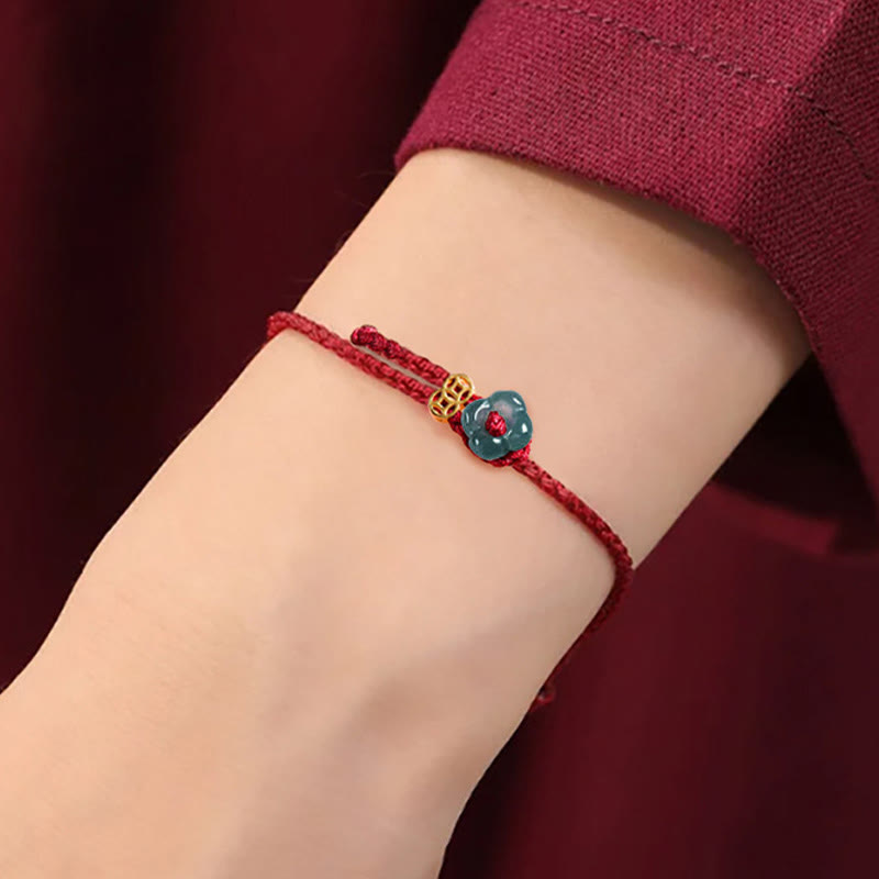 EverestArtstudios Jade Flower Luck Copper Coin Red String Bracelet