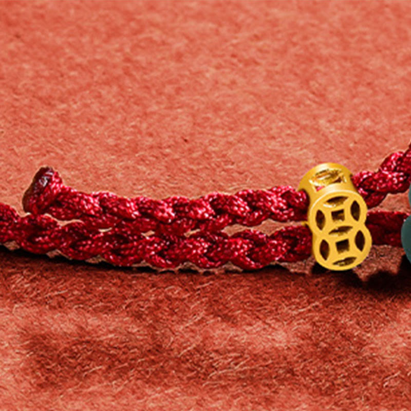 EverestArtstudios Jade Flower Luck Copper Coin Red String Bracelet