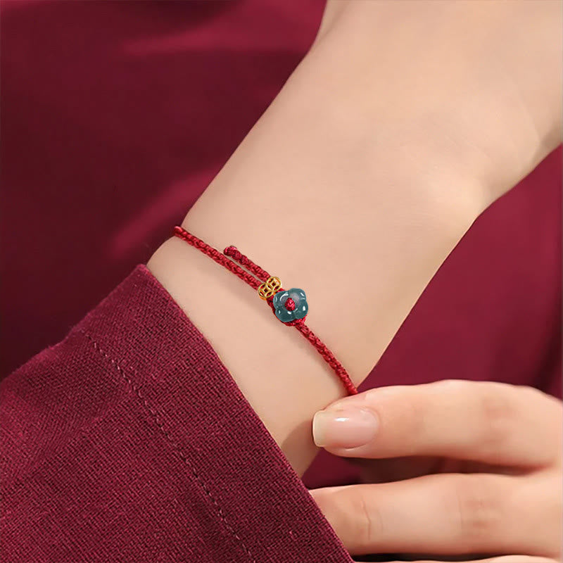 Buddha Stones Jade Flower Luck Copper Coin Red String Bracelet