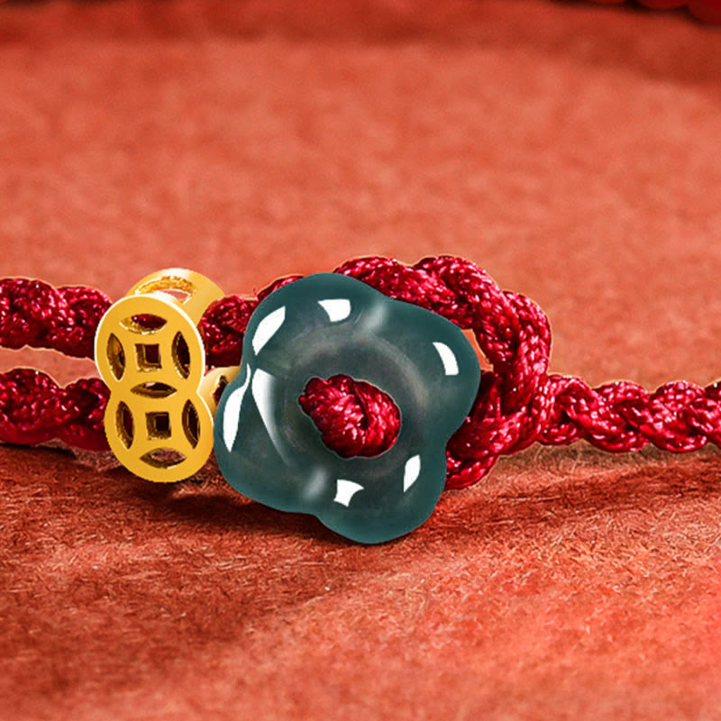 EverestArtstudios Jade Flower Luck Copper Coin Red String Bracelet