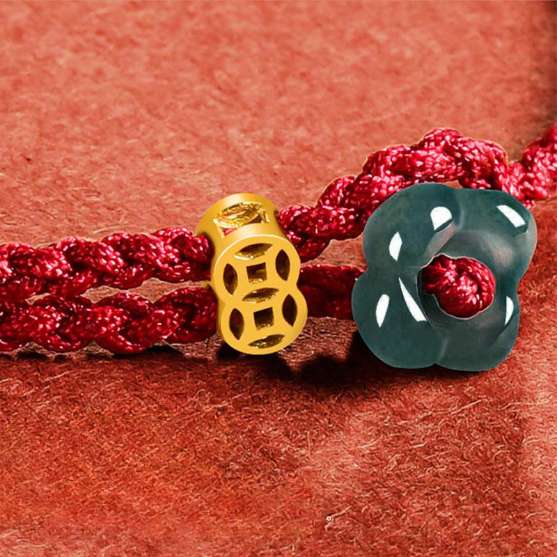 Buddha Stones Jade Flower Luck Copper Coin Red String Bracelet