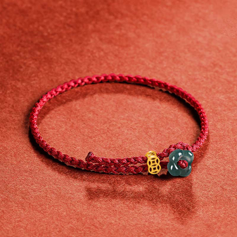 Buddha Stones Jade Flower Luck Copper Coin Red String Bracelet