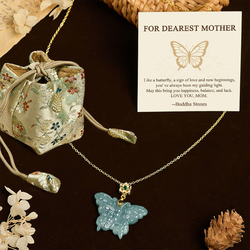 EverestArtstudios "FOR DEAREST MOTHER" Jade Butterfly Abundance Necklace Pendants Includes Gift Message Card
