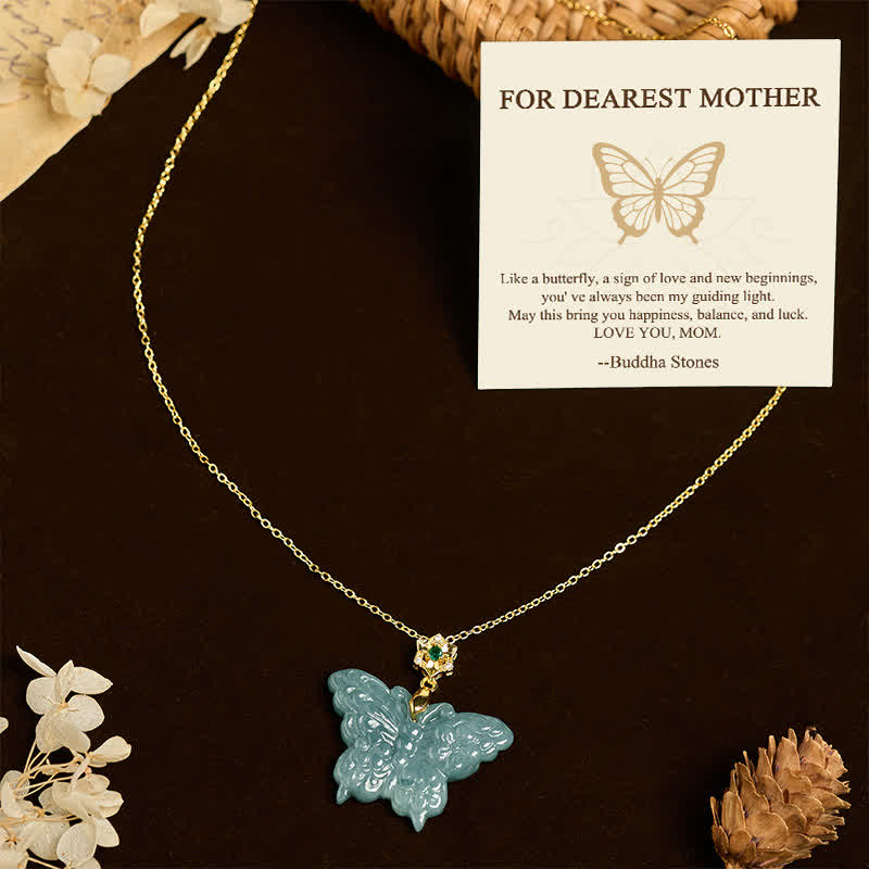 EverestArtstudios "FOR DEAREST MOTHER" Jade Butterfly Abundance Necklace Pendants Includes Gift Message Card