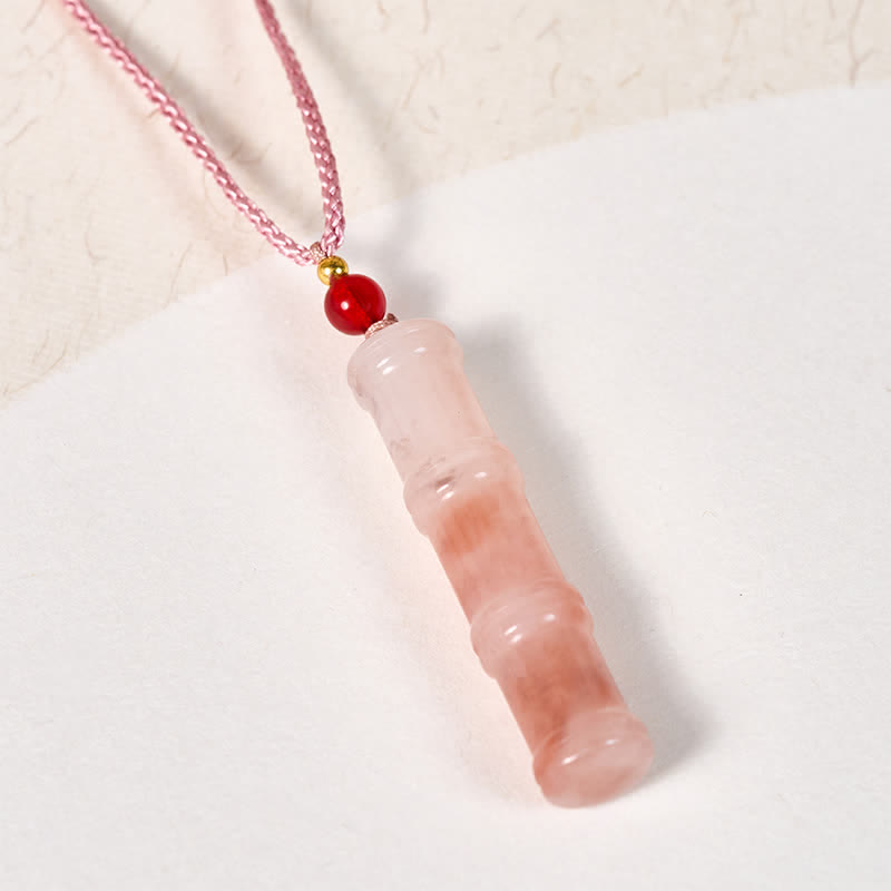 EverestArtstudios Craved Bamboo Natural Pink Quartzite Jade Protection Necklace Pendant