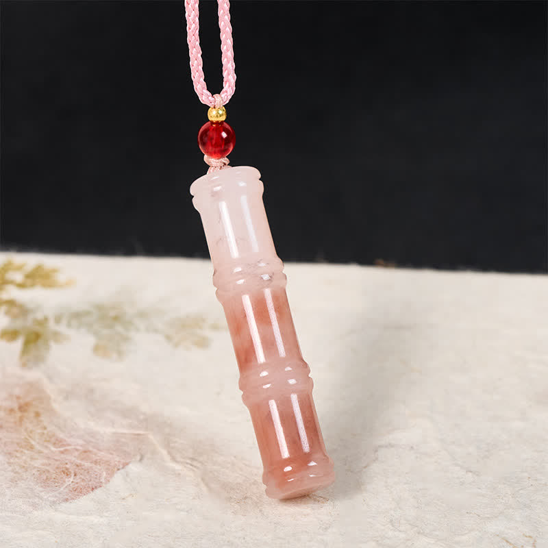 EverestArtstudios Craved Bamboo Natural Pink Quartzite Jade Protection Necklace Pendant