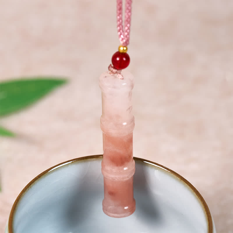 EverestArtstudios Craved Bamboo Natural Pink Quartzite Jade Protection Necklace Pendant