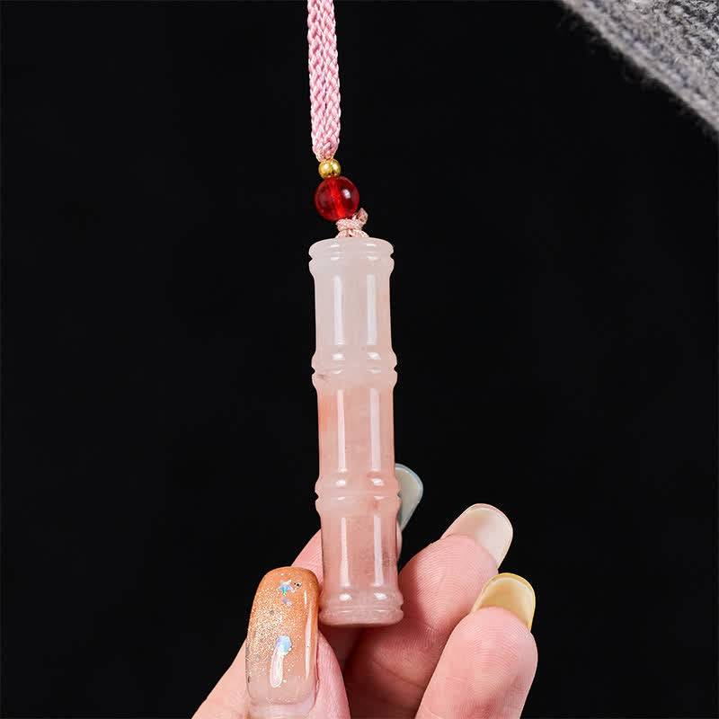 EverestArtstudios Craved Bamboo Natural Pink Quartzite Jade Protection Necklace Pendant