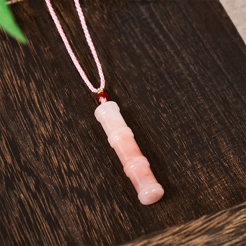 EverestArtstudios Craved Bamboo Natural Pink Quartzite Jade Protection Necklace Pendant