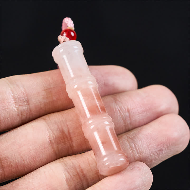 EverestArtstudios Craved Bamboo Natural Pink Quartzite Jade Protection Necklace Pendant