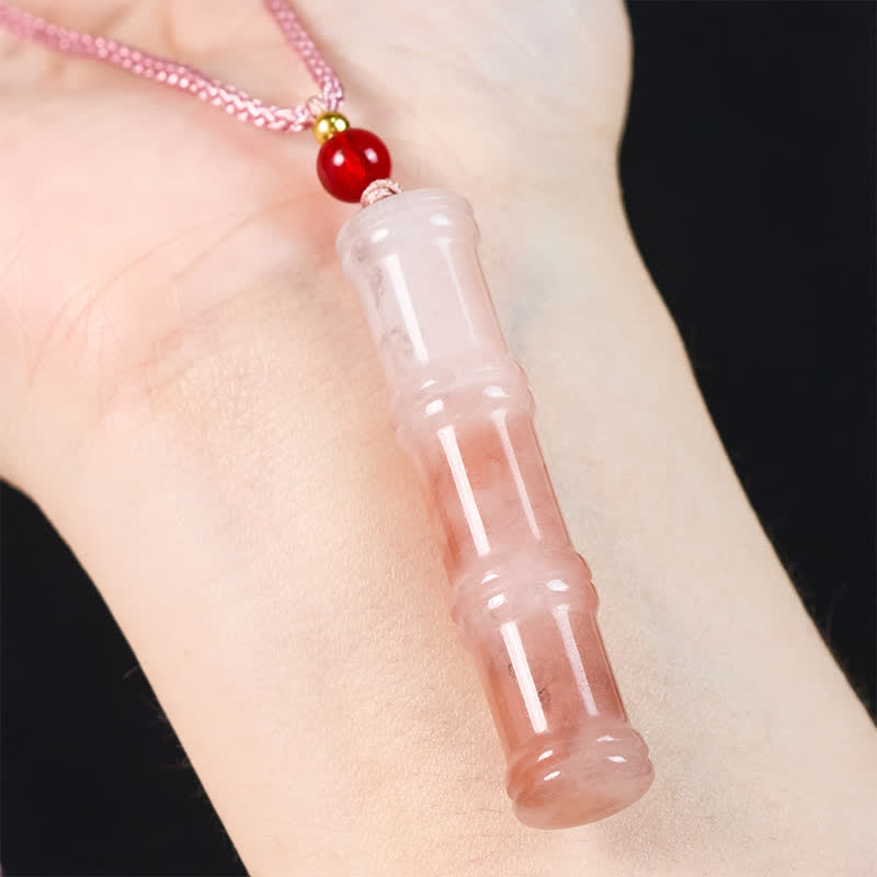 EverestArtstudios Craved Bamboo Natural Pink Quartzite Jade Protection Necklace Pendant