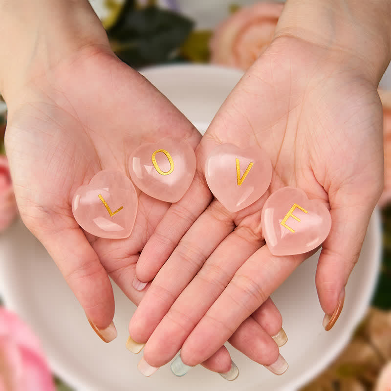 Buddha Stones 4Pcs Love & Comfort Heart Pattern Natural Rose Quartz Healing Crystal Stone Decor