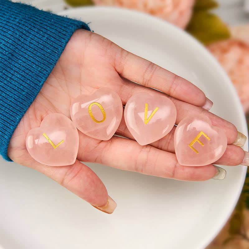 Buddha Stones 4Pcs Love & Comfort Heart Pattern Natural Rose Quartz Healing Crystal Stone Decor