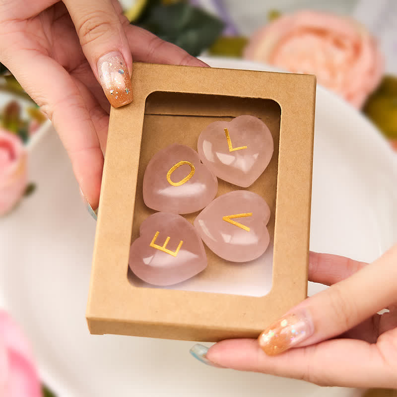 Buddha Stones 4Pcs Love & Comfort Heart Pattern Natural Rose Quartz Healing Crystal Stone Decor