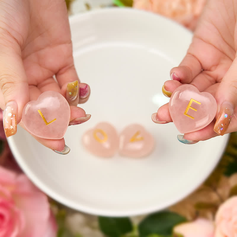 Buddha Stones 4Pcs Love & Comfort Heart Pattern Natural Rose Quartz Healing Crystal Stone Decor