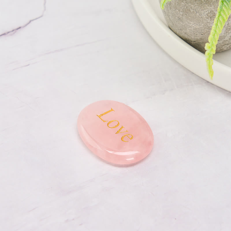 Buddha Stones LOVE Engraved Natural Rose Quartz Palm Stone Healing Crystal Decor