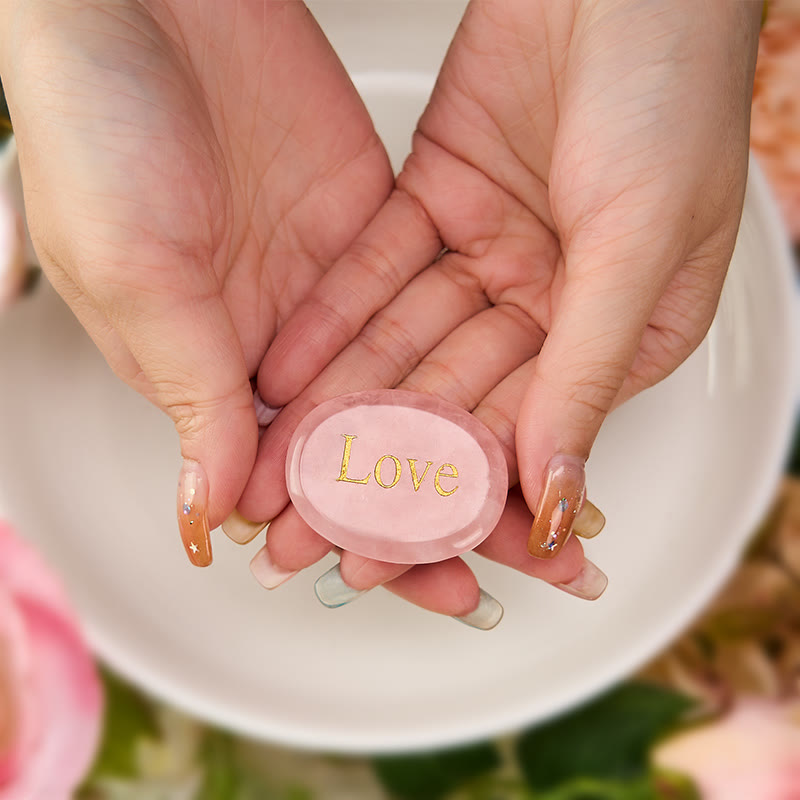 Buddha Stones LOVE Engraved Natural Rose Quartz Palm Stone Healing Crystal Decor