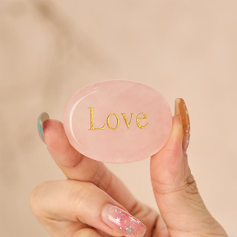 Buddha Stones LOVE Engraved Natural Rose Quartz Palm Stone Healing Crystal Decor