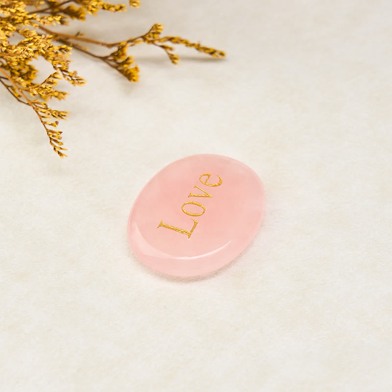 Buddha Stones LOVE Engraved Natural Rose Quartz Palm Stone Healing Crystal Decor