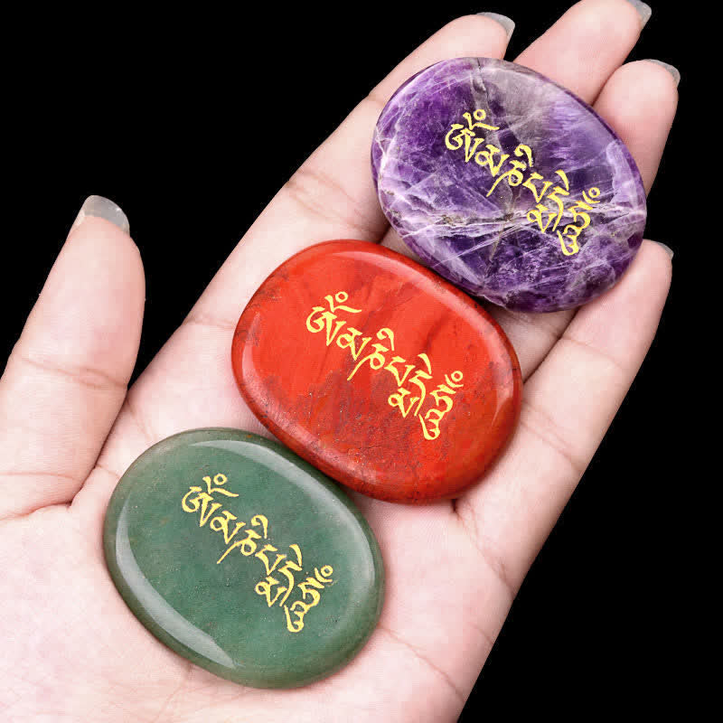 Buddha Stones Om Mani Padme Hum Amethyst Tiger Eye Palm Stone Crystal Decor 35*45mm