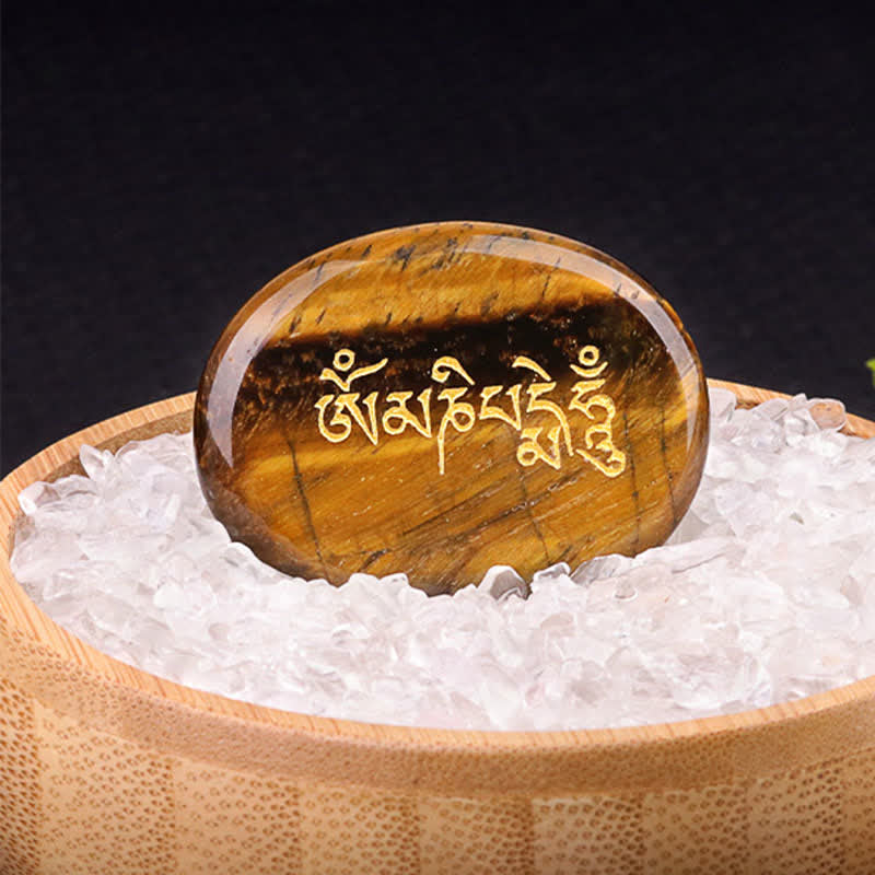 EverestArtStudios Om Mani Padme Hum Amethyst Tiger Eye Palm Stone Crystal Decor 35*45mm