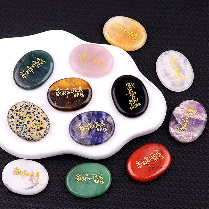 Buddha Stones Om Mani Padme Hum Amethyst Tiger Eye Palm Stone Crystal Decor 35*45mm
