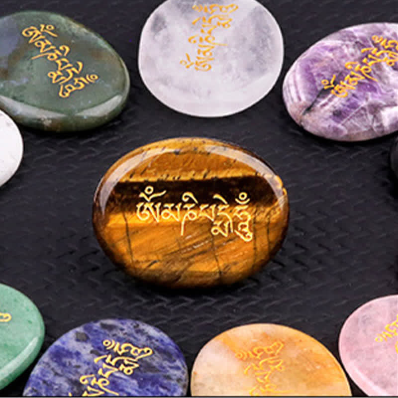 Buddha Stones Om Mani Padme Hum Amethyst Tiger Eye Palm Stone Crystal Decor 35*45mm