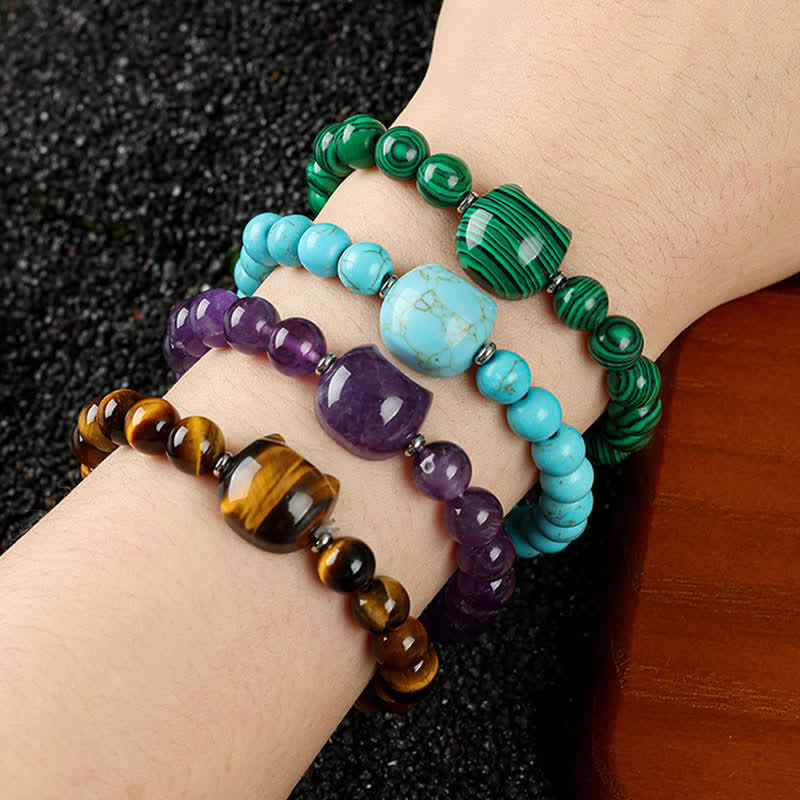 Buddha Stones Cute Cat Design Blue Lace Agate Clear Quartz  Beaded Bracelet