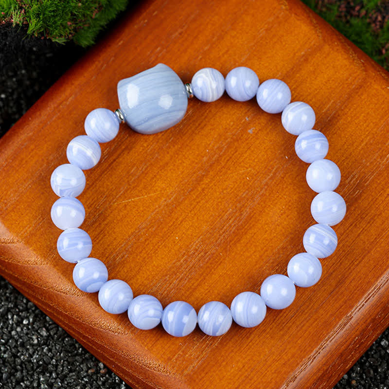 Buddha Stones Cute Cat Design Blue Lace Agate Clear Quartz  Beaded Bracelet