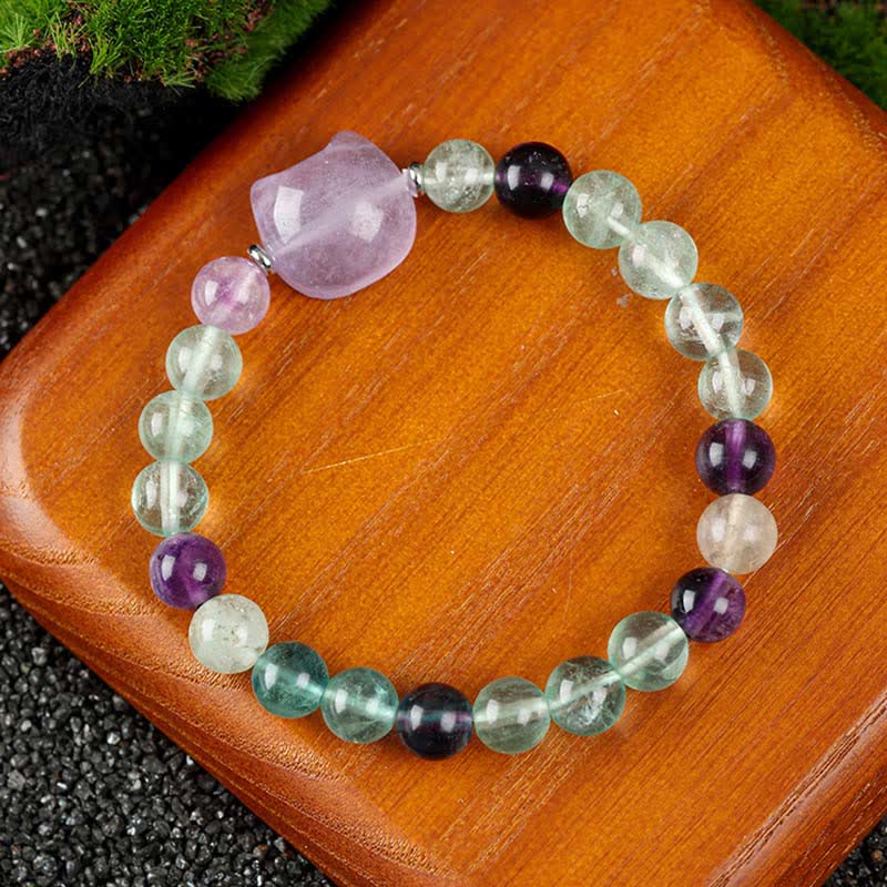 Buddha Stones Cute Cat Design Blue Lace Agate Clear Quartz  Beaded Bracelet