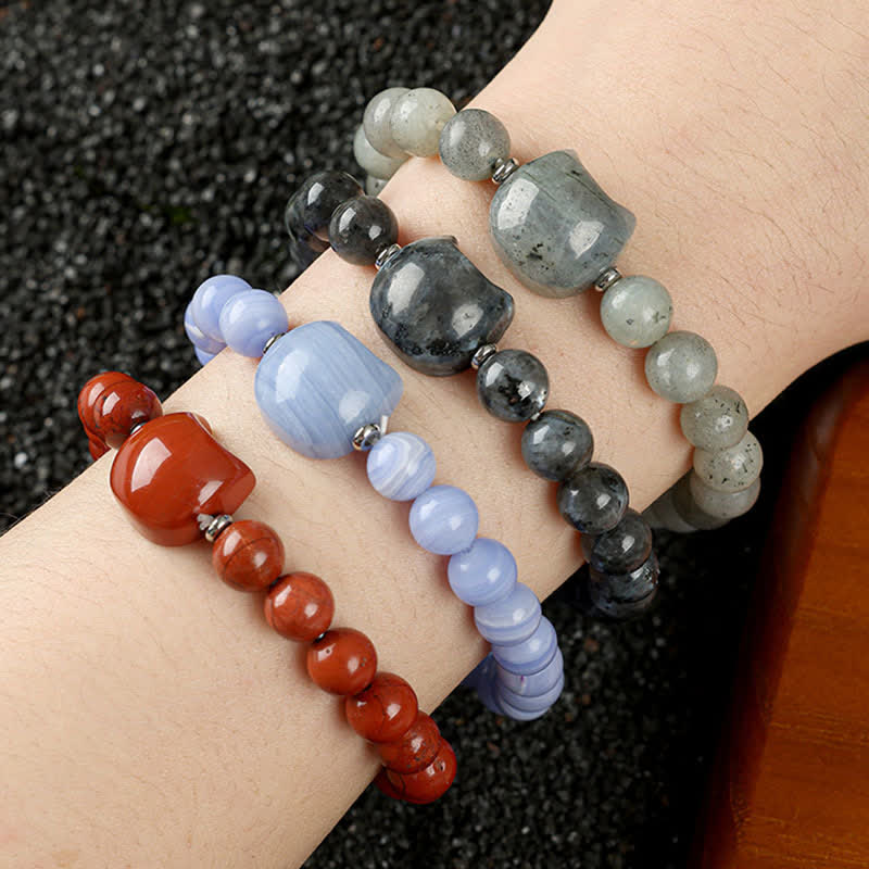 Buddha Stones Cute Cat Design Blue Lace Agate Clear Quartz  Beaded Bracelet