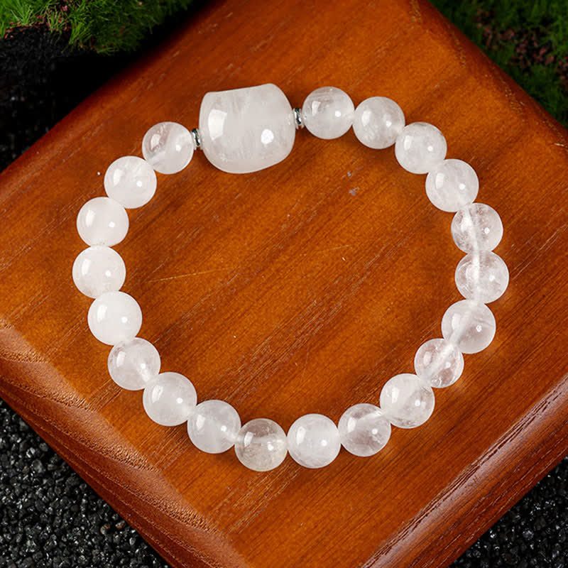 Buddha Stones Cute Cat Design Blue Lace Agate Clear Quartz  Beaded Bracelet