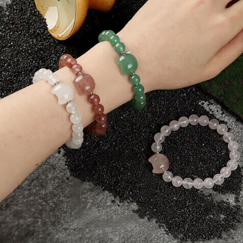 Buddha Stones Cute Cat Design Blue Lace Agate Clear Quartz  Beaded Bracelet