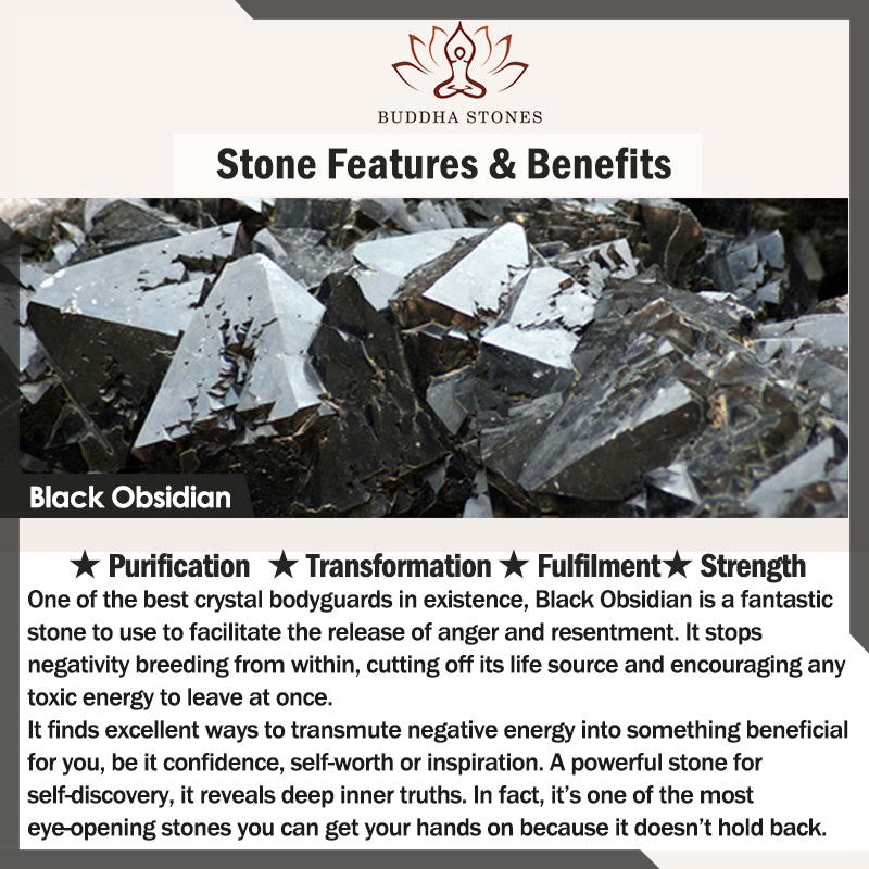 Buddha Stones Black Obsidian Om Mani Padme Hum Strength Bracelet