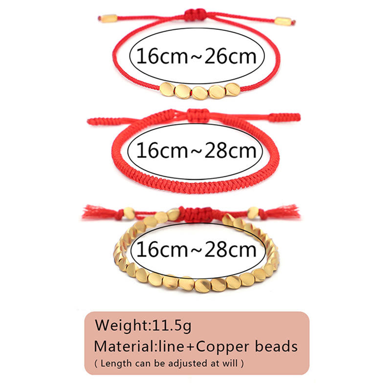 Buddha Stones 3Pcs Golden Copper Beads Red String Luck Bracelet