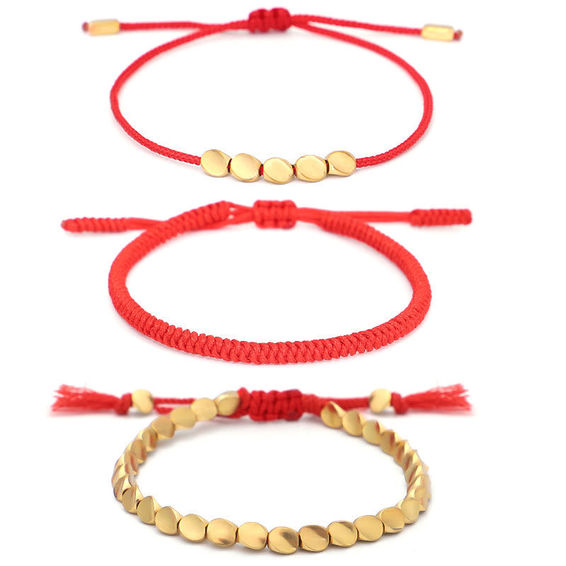 Buddha Stones 3Pcs Golden Copper Beads Red String Luck Bracelet