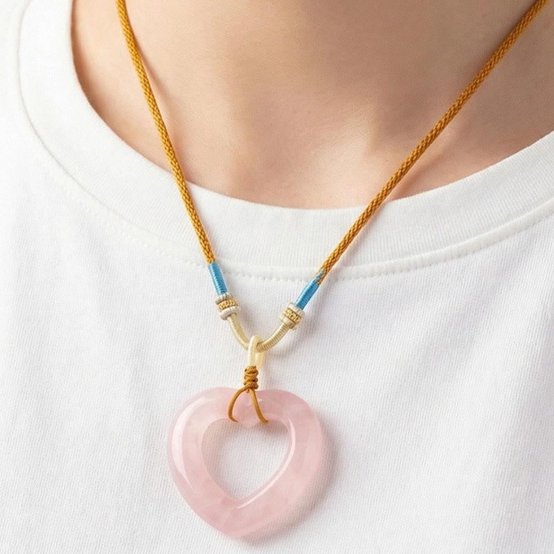 Buddha Stones Natural Rose Quartz Hollow Love Heart Caring Necklace Pendant