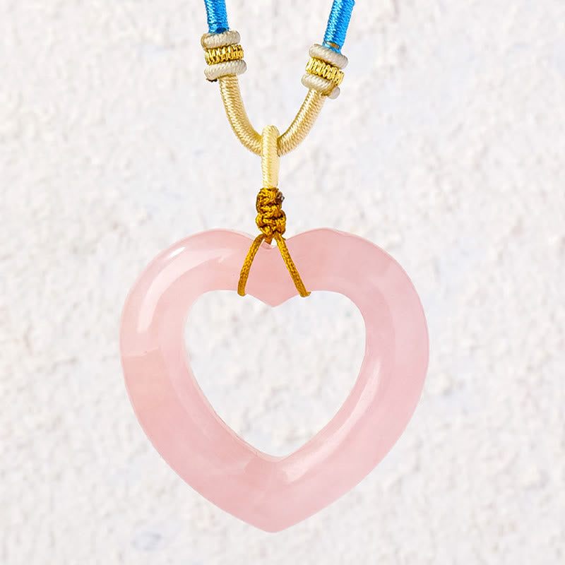 Buddha Stones Natural Rose Quartz Hollow Love Heart Caring Necklace Pendant