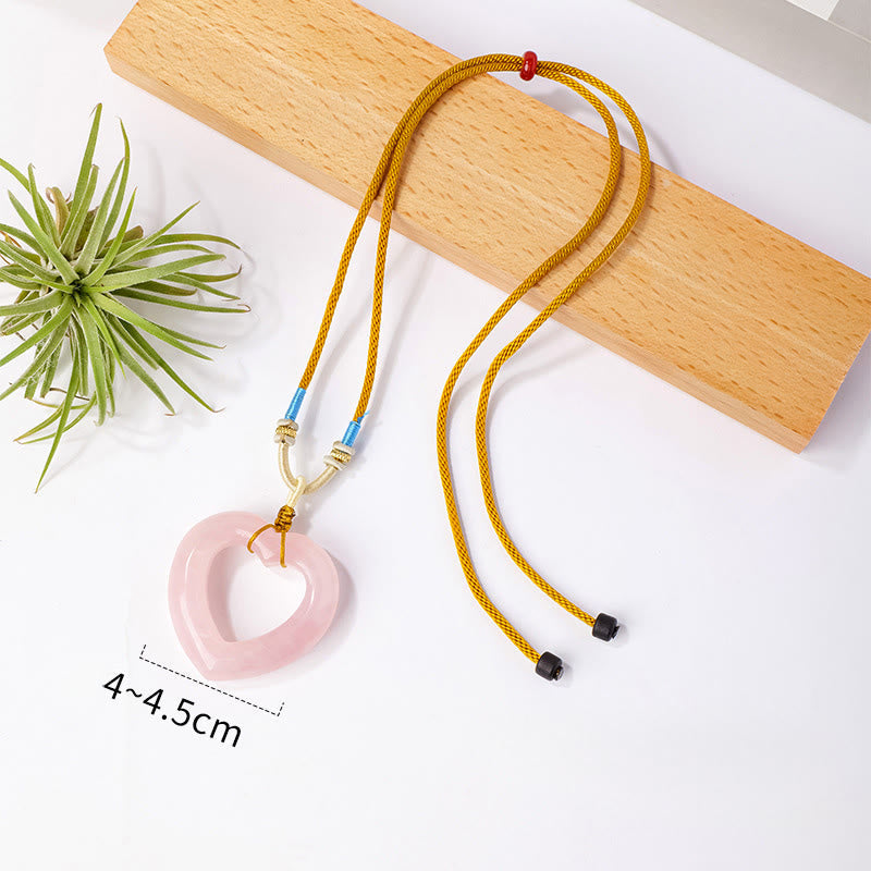 Buddha Stones Natural Rose Quartz Hollow Love Heart Caring Necklace Pendant