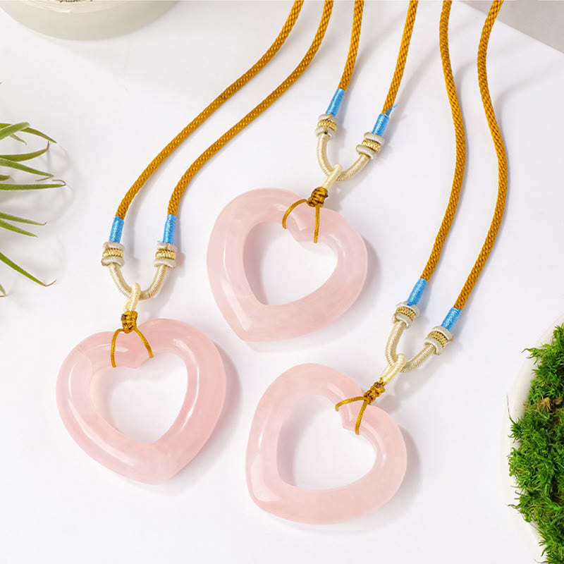 Buddha Stones Natural Rose Quartz Hollow Love Heart Caring Necklace Pendant
